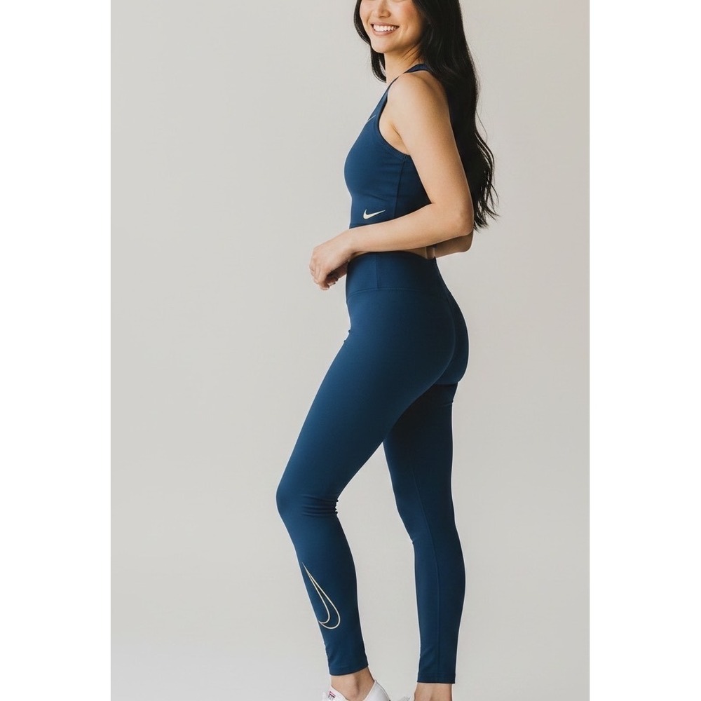 Nike One Icon Clash Training Tights Blue Metallic Gold Swoosh High Rise Size XS‎